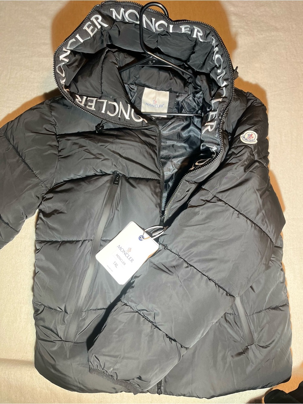 Moncler Black Quilted Down Puffer Jacket with Logo Hood Trim